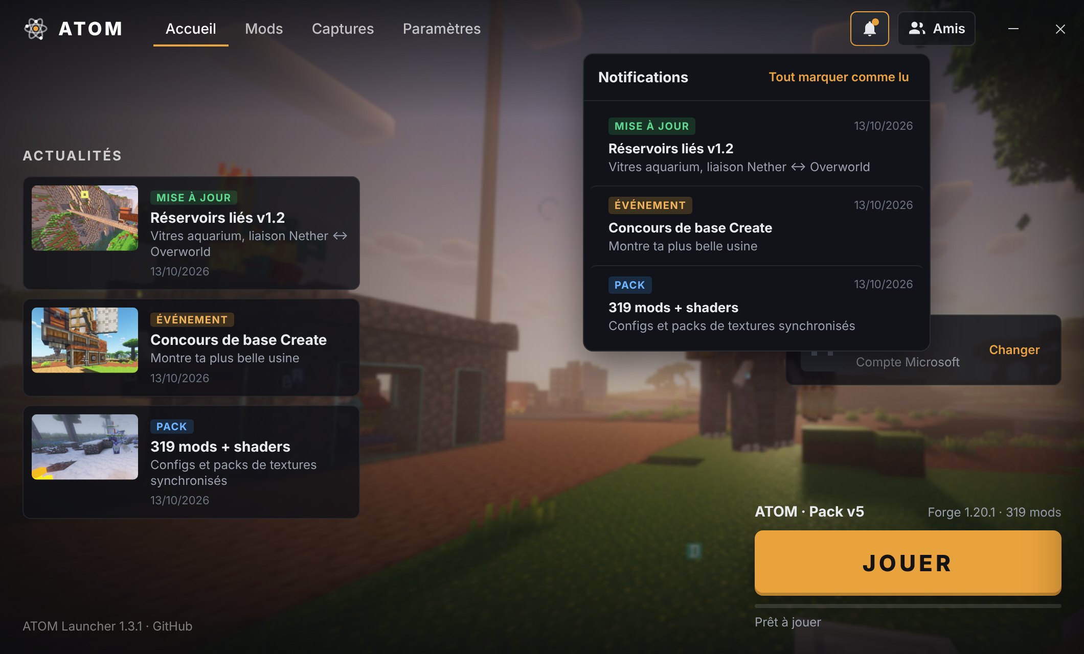 Le panneau des notifications ouvert sous la cloche
