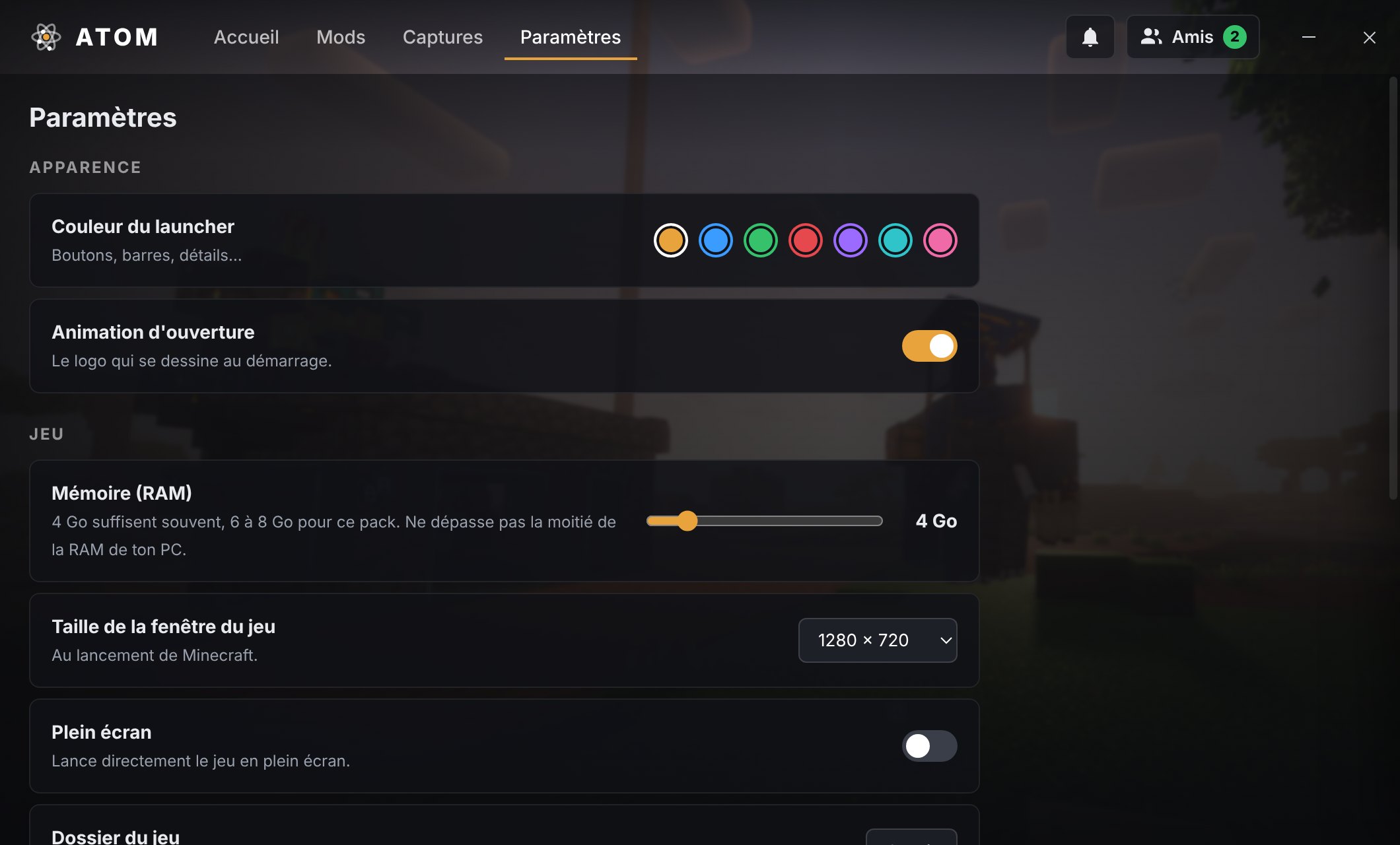 La page Paramètres : couleur du launcher, animation d'ouverture, mémoire et taille de fenêtre
